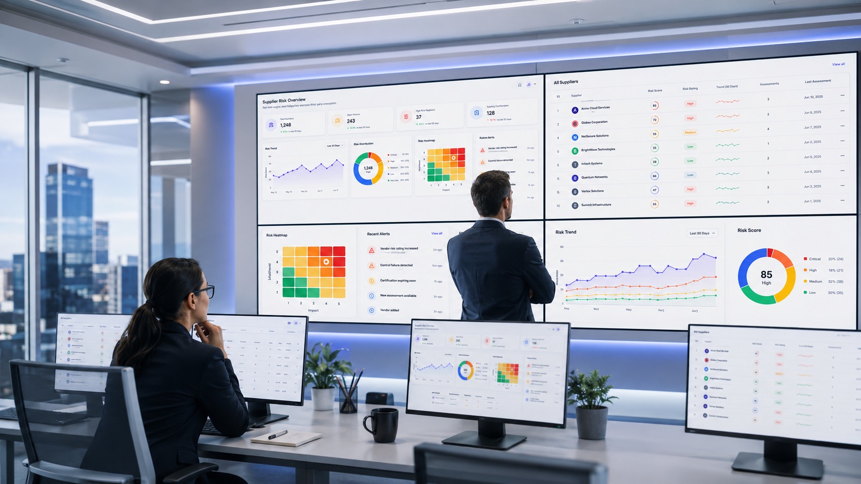 A risk team reviewing supplier dashboards on a control-room wall